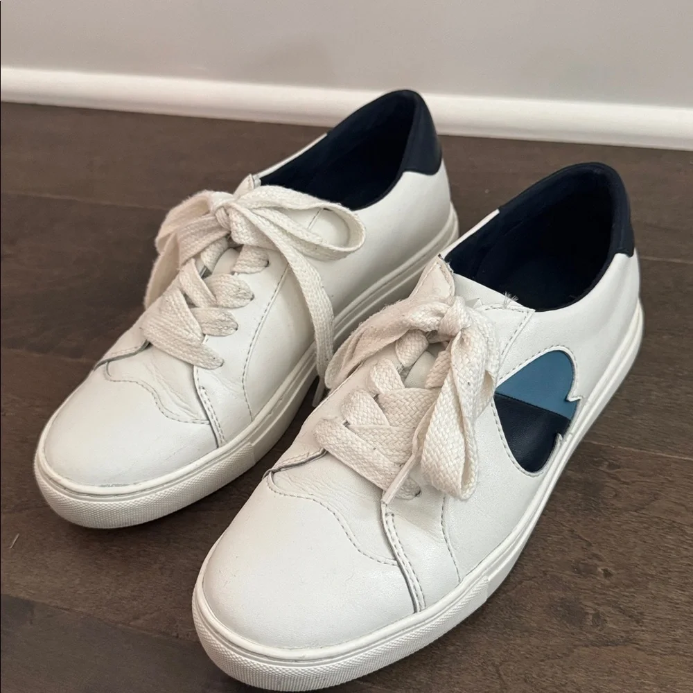 Kate Spade Fez White Leather Sneakers Navy Spade Logo Women’s 7